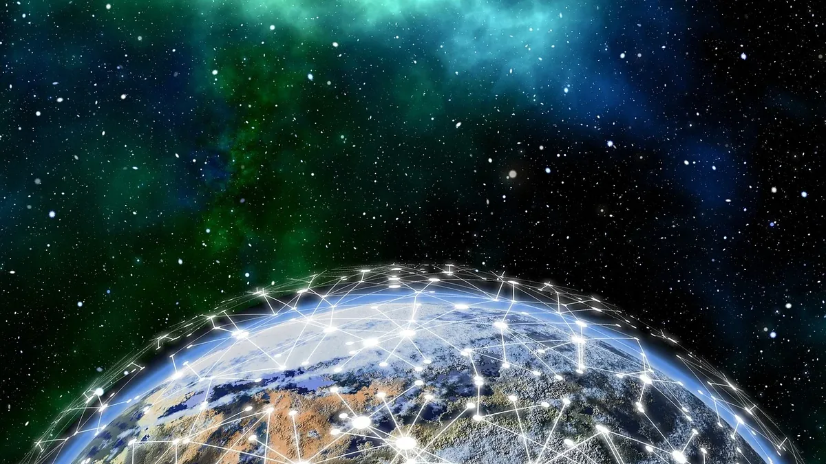 A globe with a network of lines and dots superimposed over it, set against a starry background.