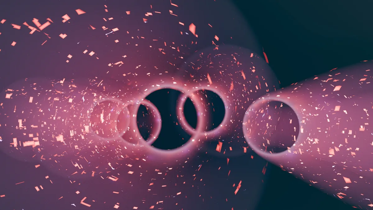 A visual representation of two black holes colliding, with the resulting gravitational waves causing a distortion in space-time.