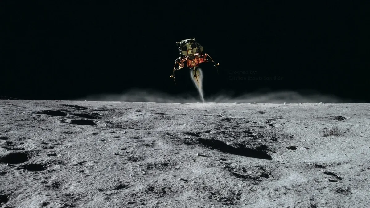 A spacecraft descending onto the lunar surface, with the spacecraft visible in the upper center of the image and the lunar surface occupying the lower half.
