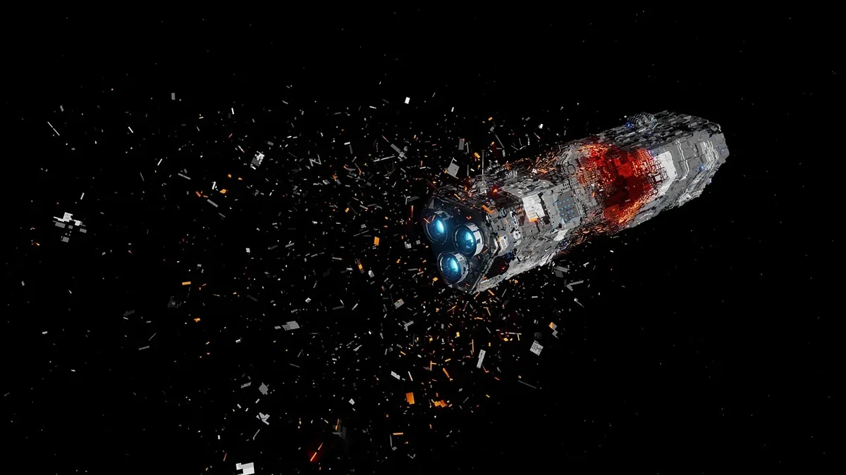 A spaceship with a damaged hull, surrounded by debris, set against a black background.